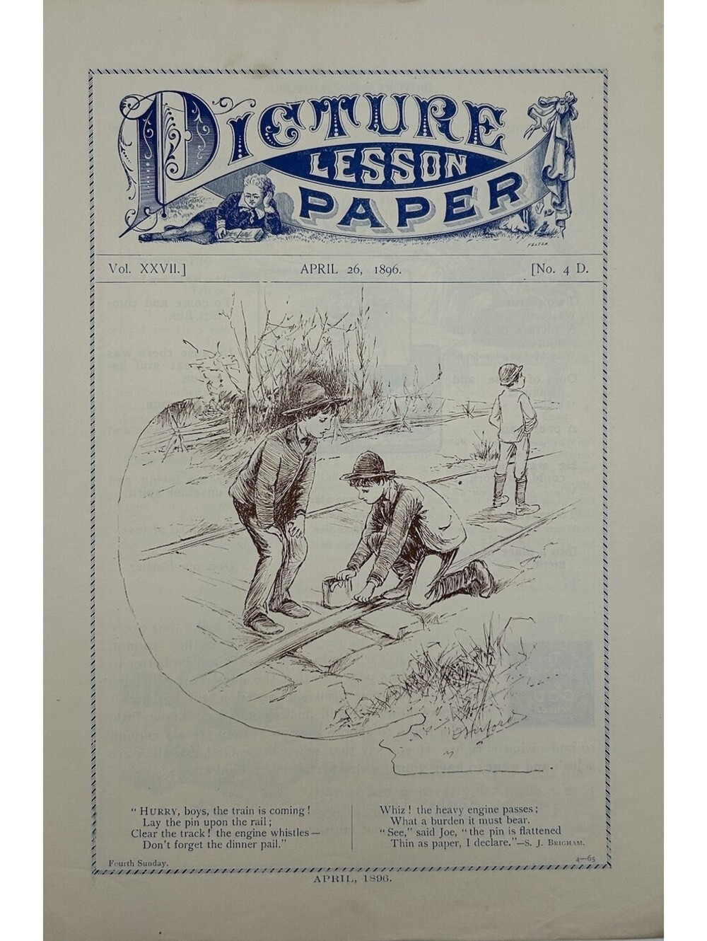 Antique April 26 1896 Picture Lesson Paper Train Track Boys Art Ephemera     C24